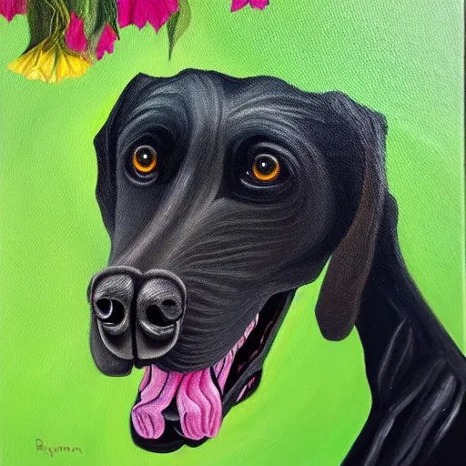 Prompt: oil painting of a black hound bearing its teeth next to brugmansia suaveolens flowers