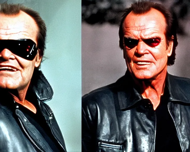 Prompt: Jack Nicholson plays Terminator wearing leather jacket and his endoskeleton is visible his eye glows red,