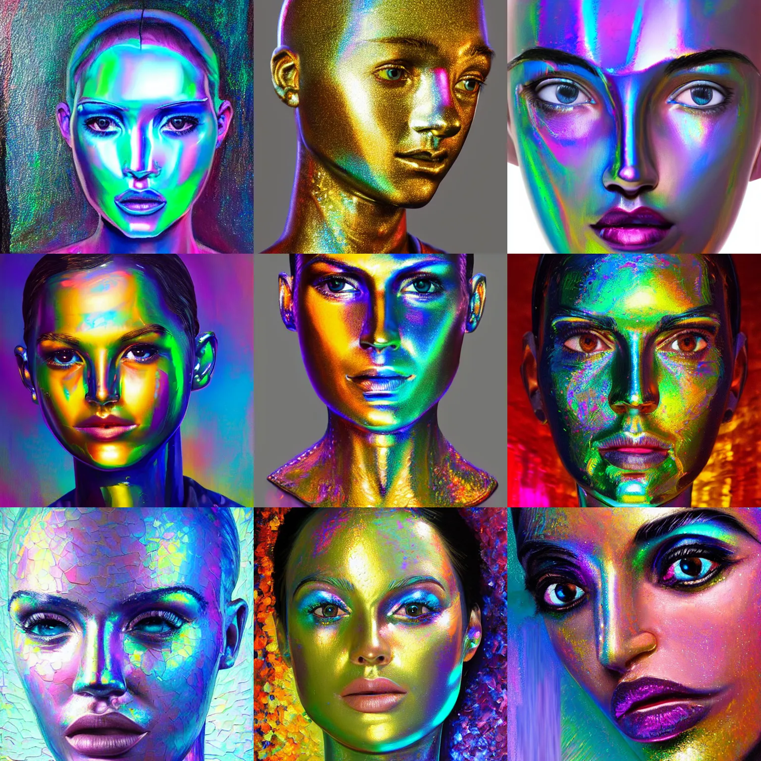 Prompt: a holographic human robotic head made of glossy iridescent, glossy iridescent holographic texture, holographic glossy iridescent smooth texture, holographic glossy iridescent 3d texture render, Face, Palette Knife Painting, Acrylic Paint, Dried Acrylic Paint, Dynamic Palette Knife Oil Paintings, Vibrant Palette Knife Portraits Radiate Raw Emotions, Full Of Expressions, Palette Knife Paintings by Francoise Nielly, Beautiful, Beautiful Face, surrealistic 3d illustration of a human face non-binary, non binary model, 3d model human, cryengine, smooth texture, realistic photo studio portrait 4k, smooth texture holographic smooth, made of holographic texture, holographic material, holographic rainbow, concept of cyborg and artificial intelligence