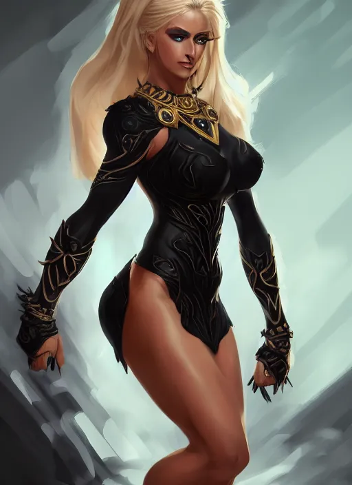 Image similar to a highly detailed illustration of fierce blonde tanned skin goddess ereshkigal wearing black dress, dramatic powerful pose, perfect face, perfect body, muscular, intricate, elegant, highly detailed, centered, digital painting, artstation, concept art, smooth, sharp focus, league of legends concept art, wlop