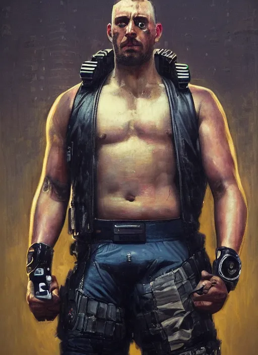 Image similar to big mike. cyberpunk boxer wearing a military vest and combat gear. (Cyberpunk 2077, bladerunner 2049). Round face. Iranian orientalist portrait by john william waterhouse and Edwin Longsden Long and Theodore Ralli and Nasreddine Dinet, oil on canvas. Cinematic, hyper realism, realistic proportions, dramatic lighting, high detail 4k