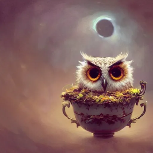 Image similar to long shot of a very cute owl chick nesting in a very romantique cup, by esao andrews, by james jean, marc simonetti, humorous illustration, hyperrealistic, big depth of field, warm colors, night scenery, low light, 3 d octane render, 4 k, conceptart, hyperdetailed, hyperrealistic, trending on artstation