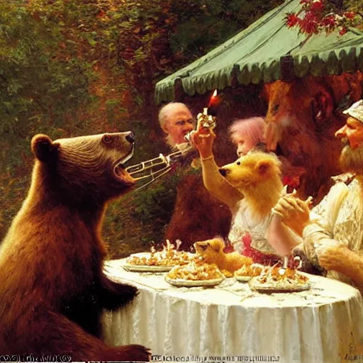 Image similar to a bear eating cake at his 7 0's birthday at a zoo, highly detailed painting by gaston bussiere, craig mullins, j. c. leyendecker