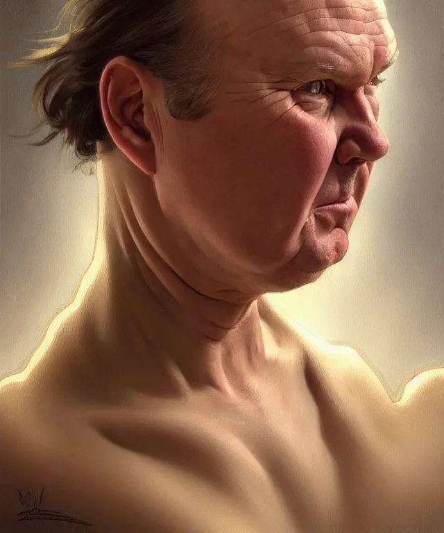 Image similar to Phil Mitchell, grimacing, portrait, face, intricate, elegant, highly detailed, digital painting, artstation, concept art, smooth, sharp focus, illustration, art by artgerm and greg rutkowski and alphonse mucha