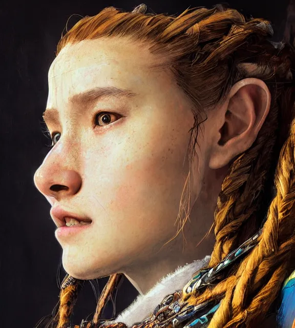 Prompt: detailed portrait of aloy from horizon zero dawn, hyperdetailed, by vermeer, rembrandt, hans holbein