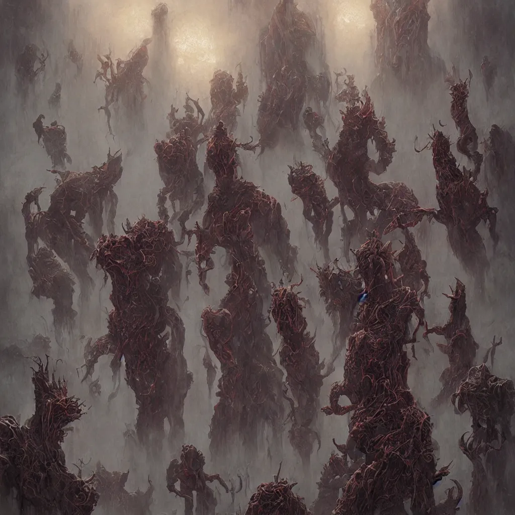 Image similar to sentient ghostbusters bizarre demi - gods expelling demons by greg rutkowski, zdzislaw beksinski,