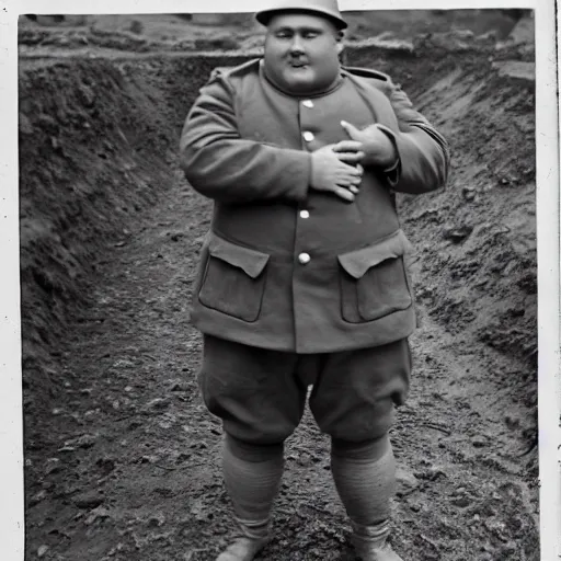 Image similar to Fat guy as a soldier, ww1 trench, war photo, film grain