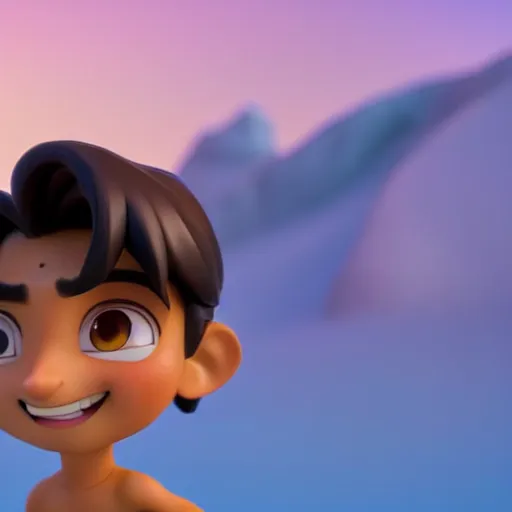 Image similar to profile view of young aladdin as nendoroid walking in a desert in the croods movie style, anime, disney, pixar, 8 k, hd, dof, kodak film, volumetric lighting, subsurface scattering, photorealistic, octane render, details