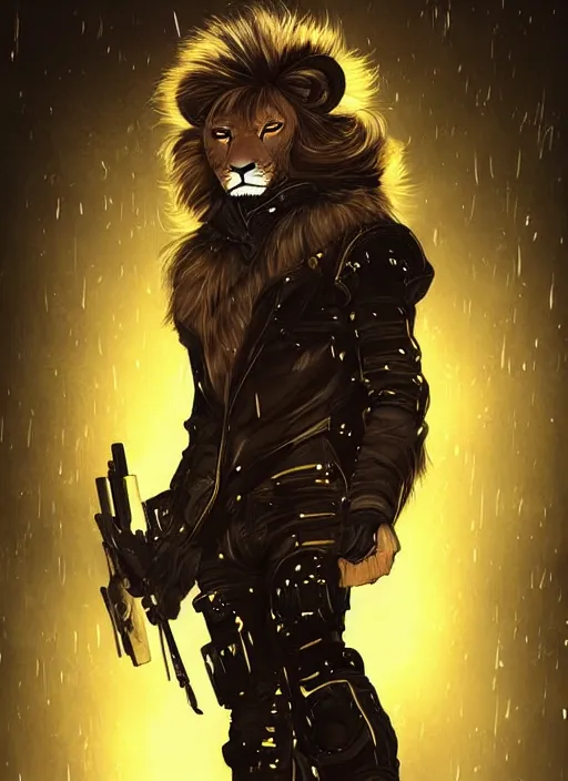 Image similar to award winning beautiful portrait commission of a male furry anthro lion fursona with a tail and a cute beautiful attractive detailed furry face wearing stylish black and gold cyberpunk clothes in a cyberpunk city at night while it rains. Character design by charlie bowater, ross tran, artgerm, and makoto shinkai, detailed, inked, western comic book art