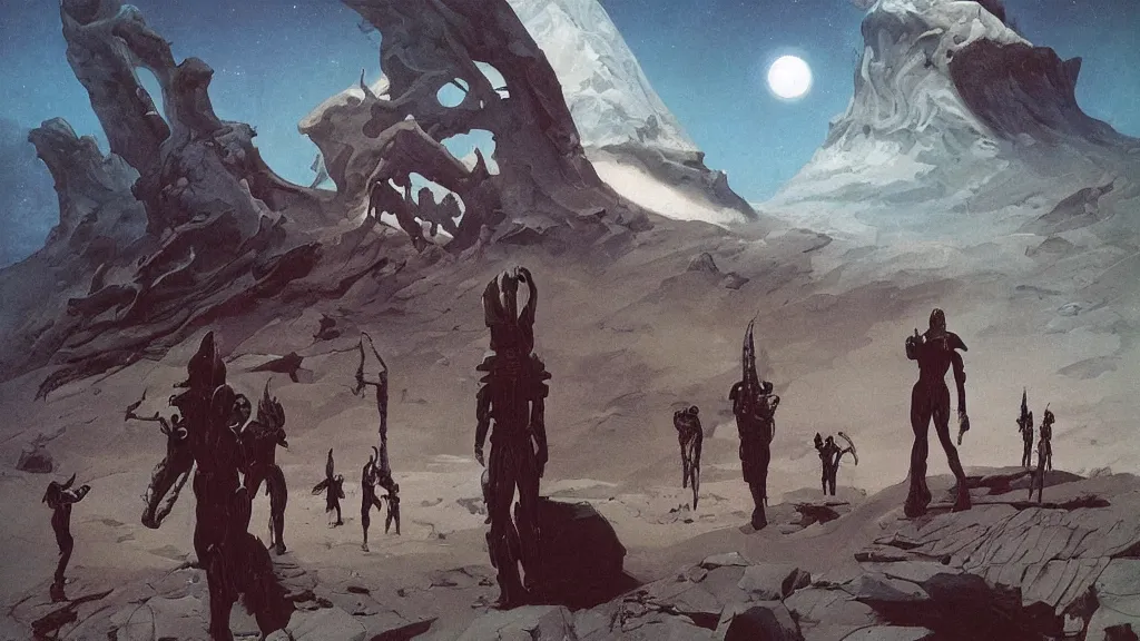 Image similar to explorers on an eerie atmospheric evolving alien planet by gerald brom and vincent di fate, epic cinematic matte painting