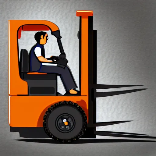 Prompt: a midget driving a forklift truck with books as a booster seat, detailed, realistic, intricate