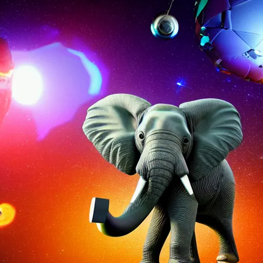 Image similar to a hyperrealistic 3D octane render of an elephant wearing virtual reality goggles playing a synthesizer inside of a geodesic dome planetarium with planets and galaxies, trending on artstation, 8k, 4K, dramatic lighting, glowing, volumetric lighting, ray tracing, unreal engine