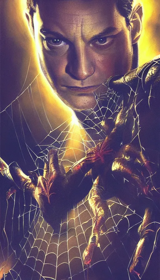 Image similar to tobey maguire's spider - man close up, movie poster, yellow lighting, alex ross, new york, air brush, oil paint, radiant light, caustics, heroic, bright iridescent light, by gaston bussiere, by bayard wu, by greg rutkowski, by maxim verehin