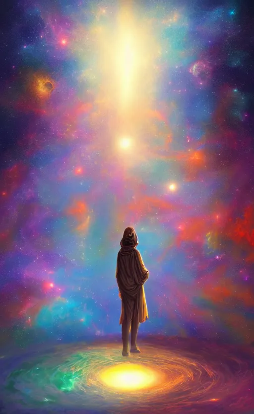 Image similar to Meeting God in the universe, digital art, trending on art station