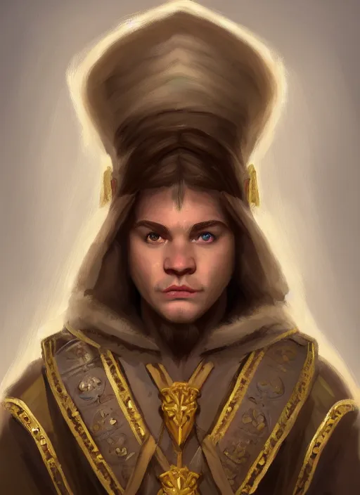 Image similar to symmetry!! oil painting digital art dungeons & dragons facial portrait of a caucasian halfling male cleric, with a ponytail, white robe with gold accents, white and brown robe with gold accents, necklace of a footprint, elegant, highly detailed, digital painting, artstation, concept art, sharp focus, illustration