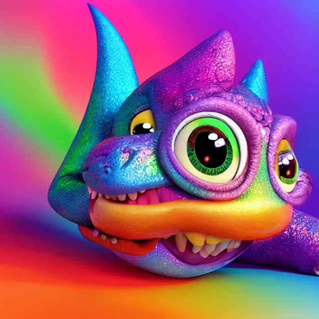 Image similar to a cute baby dragon, big eyes, pixar animation style, soft fur, by jeff koons, by lisa frank, octane render, by takashi murakami, colorful, spectral color, 5 d, ultra - hd, happy, good, mini, volumetric lighting