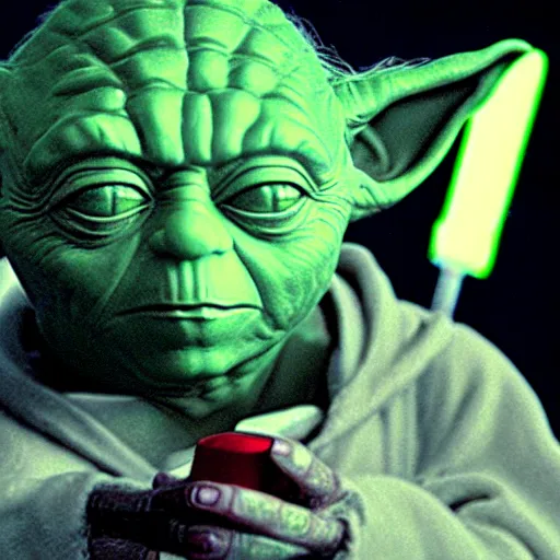 Image similar to A still of Yoda eating a Big Mac, 4k, photograph, ultra realistic, highly detailed, studio lighting