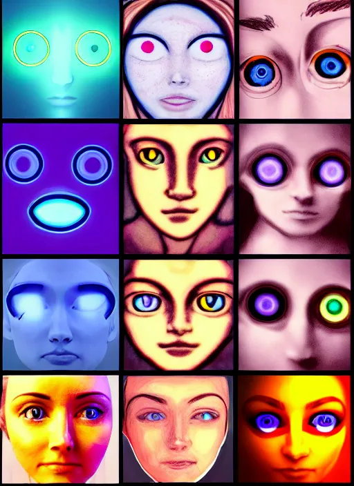 Prompt: eyes!, teams, healing, energetic, life, hybrids, thin glowing devices, vitals visualiser!!, advanced art, art styles mix, from wikipedia, grid of styles