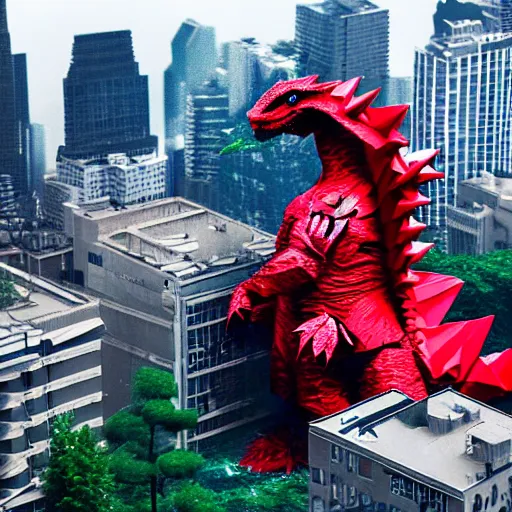 Prompt: origami giant godzilla, tearing through a city, birds eye view