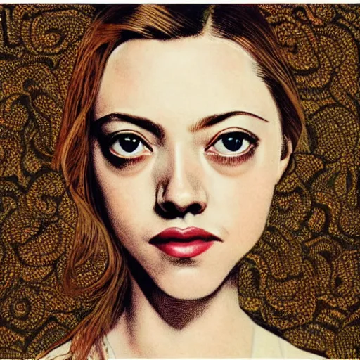 Image similar to “ amanda seyfried portrait by ikenaga yasunari and ayana otake and ko rakusui, 6 0 s poster, drawing, realistic, sharp focus, japanese, dreamy, nostalgia, faded, golden hues, floral clothes ”