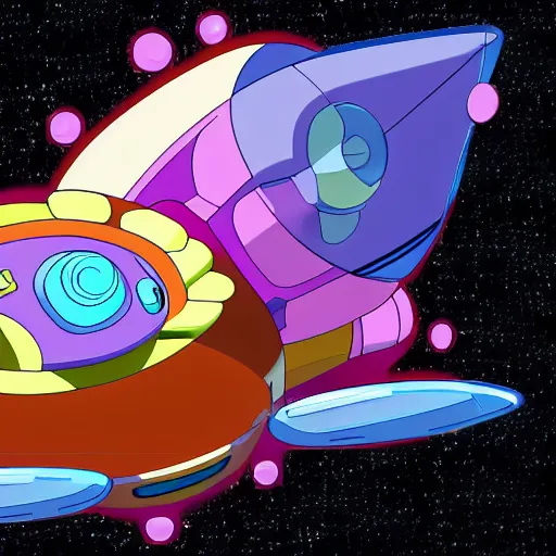 Prompt: Cartoon network Steven Universe design of a cute damaged spaceship shaped like a mechanical jelly fish flying in hyperspace, beautiful clear detailed 8k digital art, final render