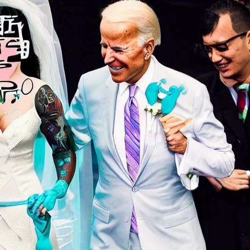 Prompt: tattoo of joe biden marrying hatsune miku