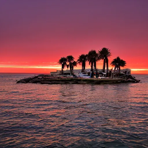 Prompt: treasure island at sunset. the wrecked liner