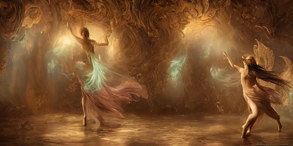 Prompt: concept art of translucent glowing curvy buxom brown fairy dancing, renaissance, flowy, melting, round moons, rich clouds, very detailed, volumetric light, mist, fine art, textured oil over canvas, epic fantasy art, very colorful, ornate intricate scales, walls and floor of cave made of skulls, fractal gems, 8 k, hyper realistic