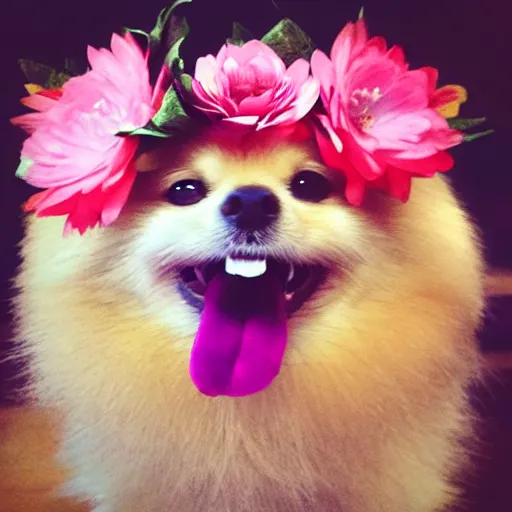 Prompt: a pomeranian wearing a flower crown, tongue out, looking at the camera, instagram photo, filter