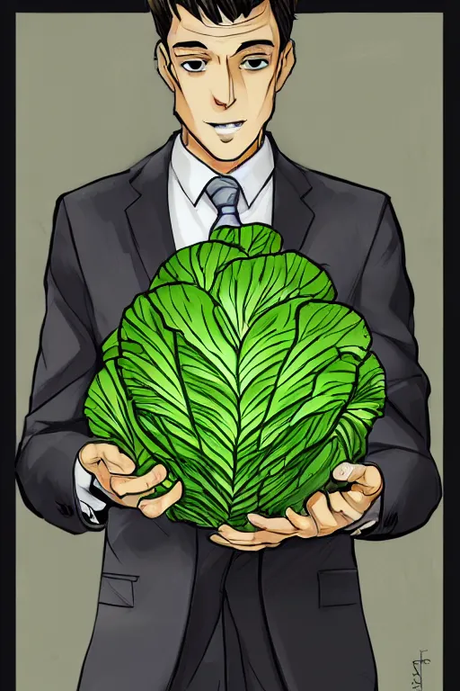 Image similar to man with suit and tie, with a cabbage for a face, symmetrical, highly detailed, digital art, sharp focus, trending on art station, anime art style