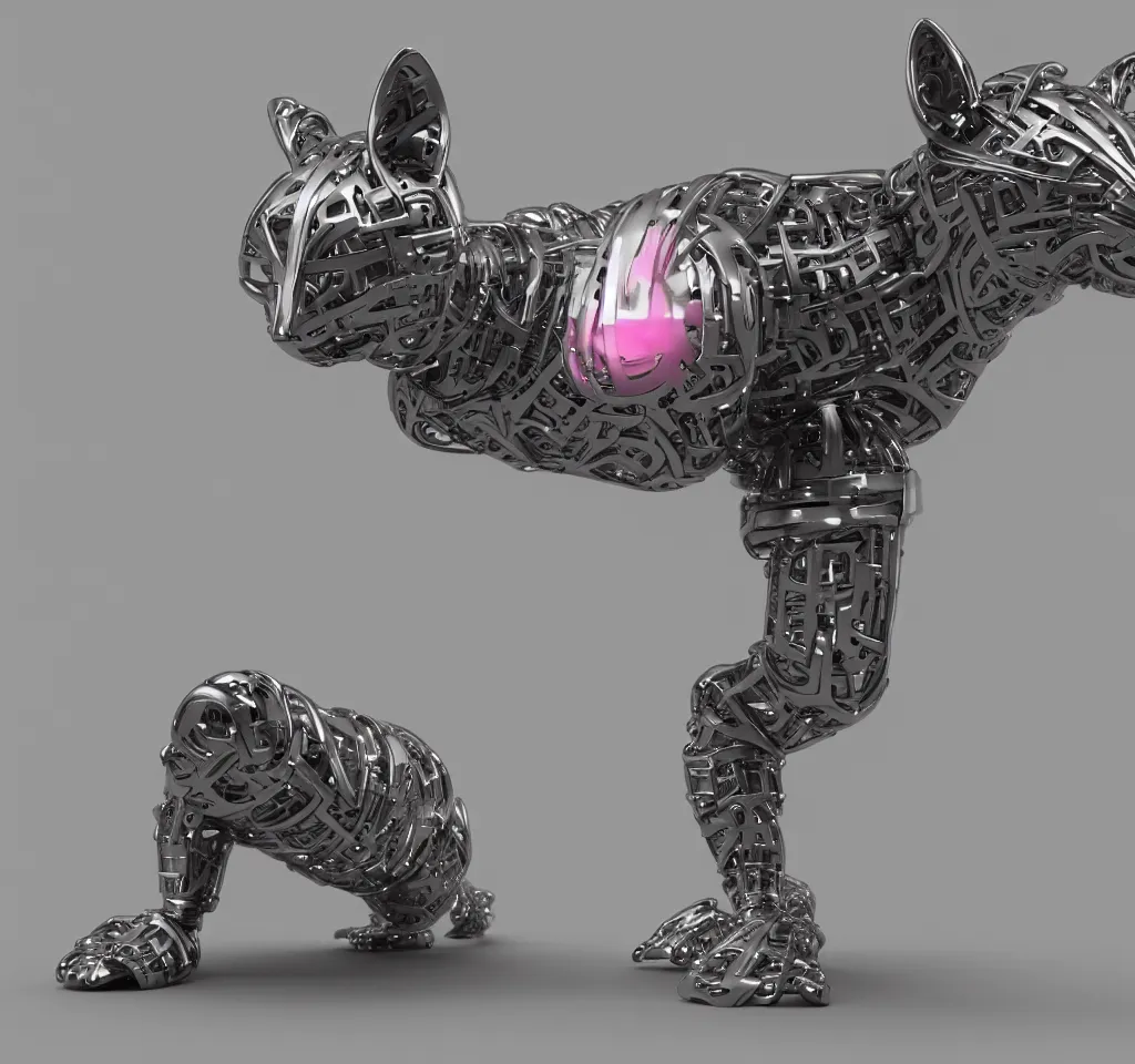 Image similar to a modern cybernetic cat made from porcelain and steel, insane reflexions, pastel colored, daylight, peaceful, 8 k, ambient occlusion, octane render