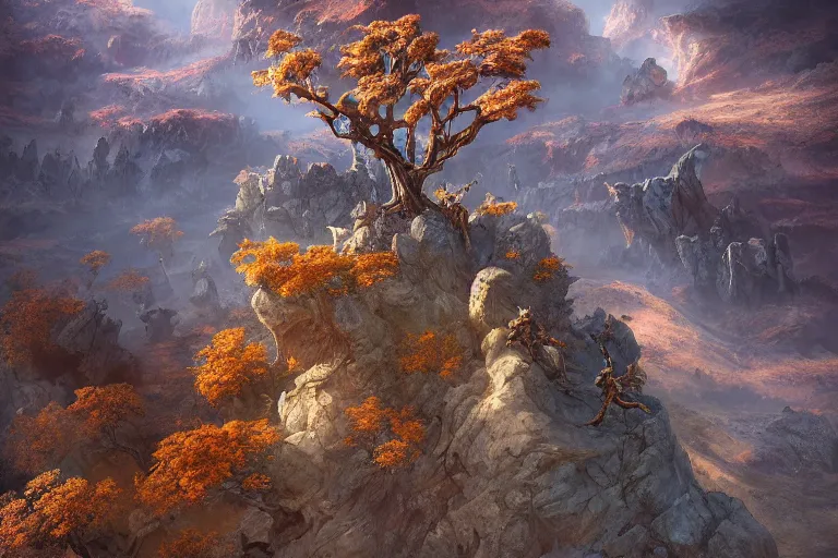 Image similar to high aerial shot, fantasy landscape, sunset lighting ominous shadows, cinematic fantasy painting, dungeons and dragons, barren dry land, desert valley of bones, isolated autumn maple bonsai, by jessica rossier and brian froud and hr giger