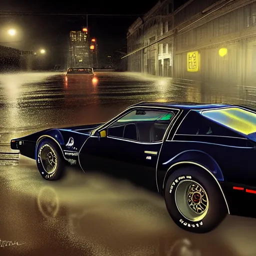 Image similar to hyperdetailed, photorealistic photograph of a 1 9 8 2 pontiac firebird trans - am drifting in the streets, rain, night, dense fog, hd, unreal engine 5 by greg rutowski, by stanley artgerm, by alphonse mucha