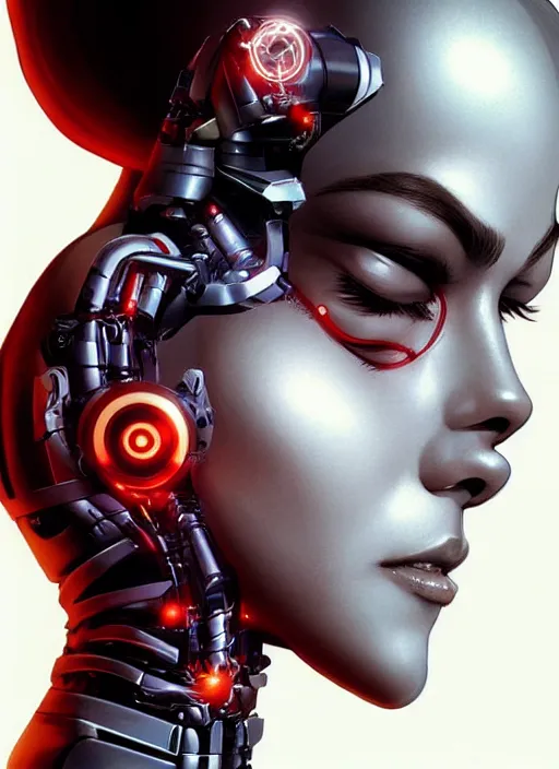 Prompt: portrait of a cyborg woman who turns her head to the ((((((right))))) left+20 (((((up))))) (((((down))))) by Artgerm,eyes closed , biomechanical, hyper detailled, trending on artstation