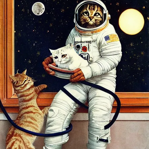 Prompt: an astronaut with a cats head, space, art by Norman Rockwell