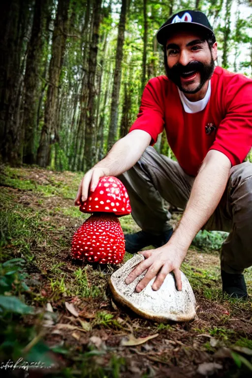 Image similar to photo of real life mario finding a giant amanita muscaria, exhilarated, portrait, closeup. mouth open, 3 0 mm, bokeh