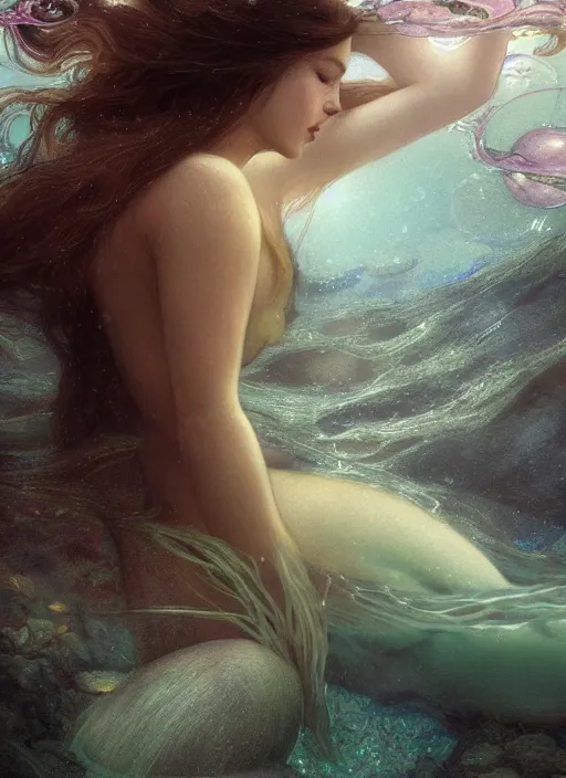 Image similar to hyper realist matte digital painting of a beautiful woman, beautiful face, underwater photography, full body, jugendstill, floating in water, flowing gown, bubbles rising, seaweed, headspace, fairytale, fantasy art, photo realistic, dynamic lighting, artstation, volumetric lighting, by mucha, by charlie bowater, by karol bak, by alma tadema