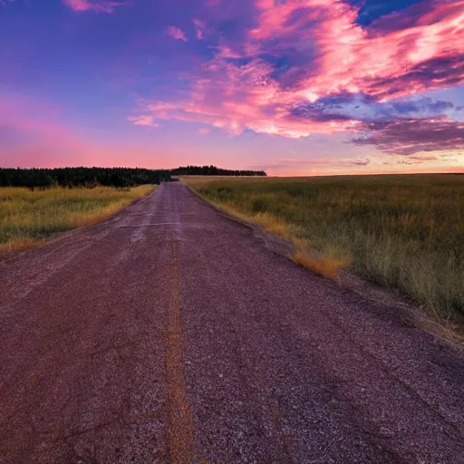 Image similar to wide angle photograph of a road cutting through an empty prairie that leading out into space, twilight, fine details