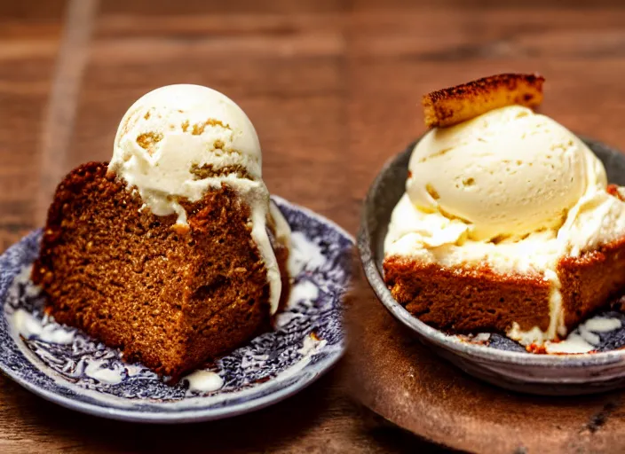 Image similar to dslr food photograph of warm. utter cake topped with a scoop vanilla bean ice cream, 8 5 mm f 1. 8