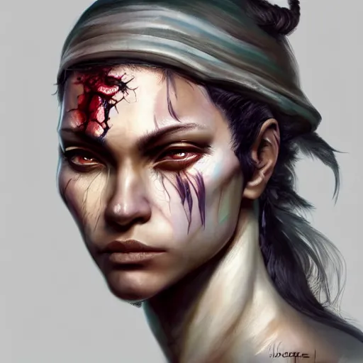 Image similar to beautiful, very strong, mixed race, female, middle aged, face, no makeup, scarred, warrior, head shot, fantasy, highly detailed, digital painting, artstation, concept art, smooth, sharp focus, illustration, art by jodie muir and brom