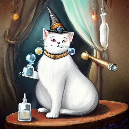 Prompt: a full body beautifull witch with white hair in an old room a cristal ball on wood table. with a potions and old instruments. a white cat on the floor licking his paw. in a fantasy style paiting