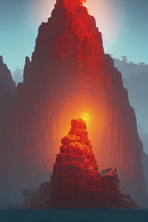 Image similar to ancient red glowing temple on a rocky cliff in a canyon, shooting stars in the black sky, dramatic lighting, artstation, matte painting, ralph mcquarrie, simon stalenhag