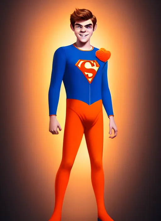 Image similar to friendly teenage archie andrews wearing an orange superhero costume with heart logo, heart, freckles, blue cape, heart emblem on chest, blue cape, intricate, elegant, glowing lights, highly detailed, digital painting, artstation, sharp focus, illustration, art by wlop, mars ravelo and greg rutkowski