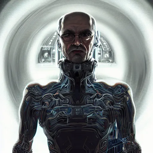 Image similar to marvel comic book style portrait painting of an old thin wispy man with a mean intelligent face, wearing a futuristic lab coat, standing in front of a computer simulation, sci - fi, intricate, elegant, highly detailed, digital painting, artstation, concept art, matte, sharp focus, illustration, art by artgerm and greg rutkowski and jim burns and alan lee