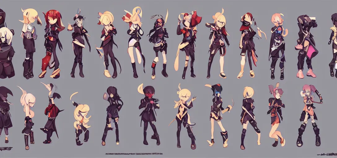 Image similar to character sheet concept art of female video game characters head designs, disgaea, flcl, hearthstone, unique silhouettes, cute casual streetwear, by marc brunet and artgerm