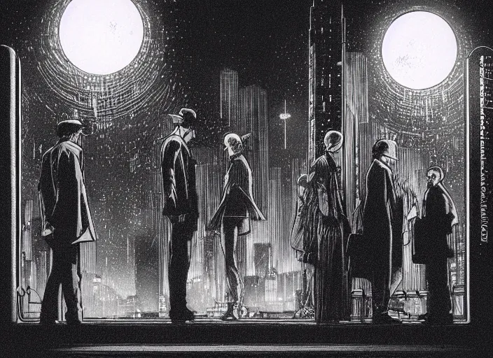 Prompt: some people waiting at bus stop in dark city night, detailed, high quality, by Moebius, sci-fi, reimagined by industrial light and magic