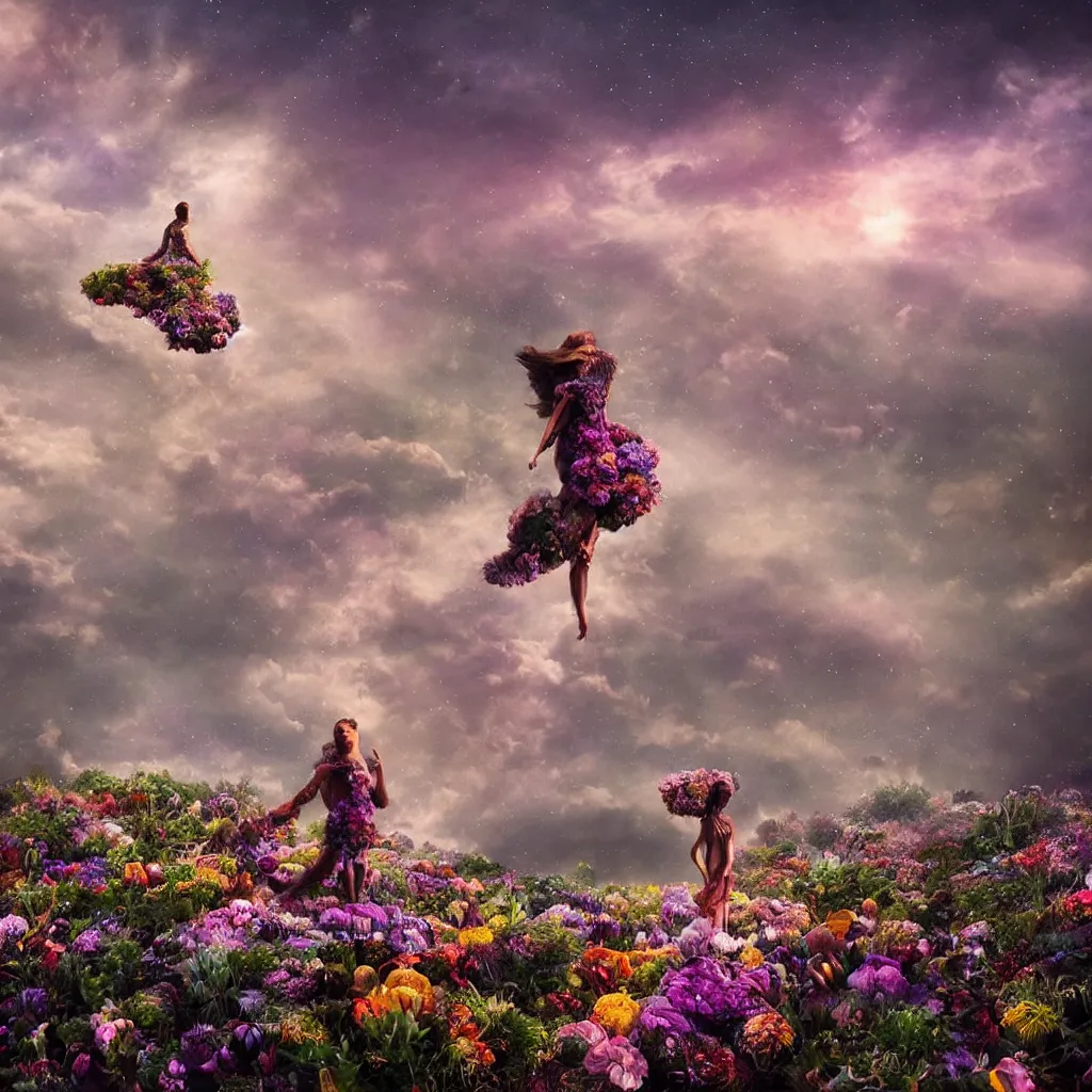 Image similar to a planet of various flowers, fungus and plants, in which the human figure is dressed in something magical and impressive, inside the picture is infinity, sunset light, Atmospheric phenomenon, artistic photography, muted colors, conceptual, long exposure outside the city