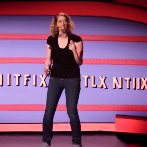 Image similar to film still of netflix comedy special. 3 2 - year - old, female short height, good - looking, standup comedian, skateboarder style, pale complexion, jewish and italian descent, fit, on stage, laughing, telling jokes