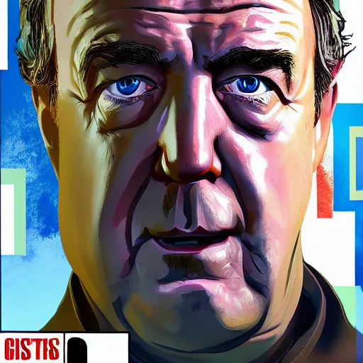 Prompt: Jeremy Clarkson in GTA V, cover art by Stephen Bliss, artstation, no text