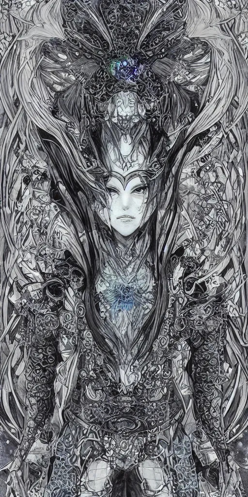 Image similar to a mage from final fantasy 14 drawn by Yoshitaka Amano, intricate, amazing line work, cosmic, psychedelic, cheerful, colorful